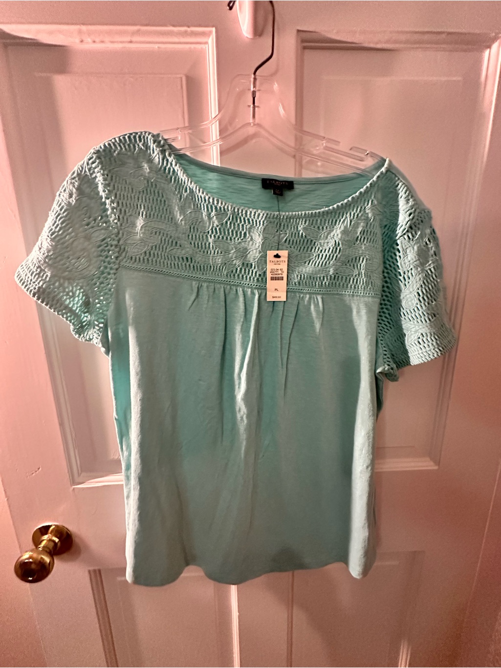 Talbots Mint Crochet-Yoke Short Sleeve Blouse